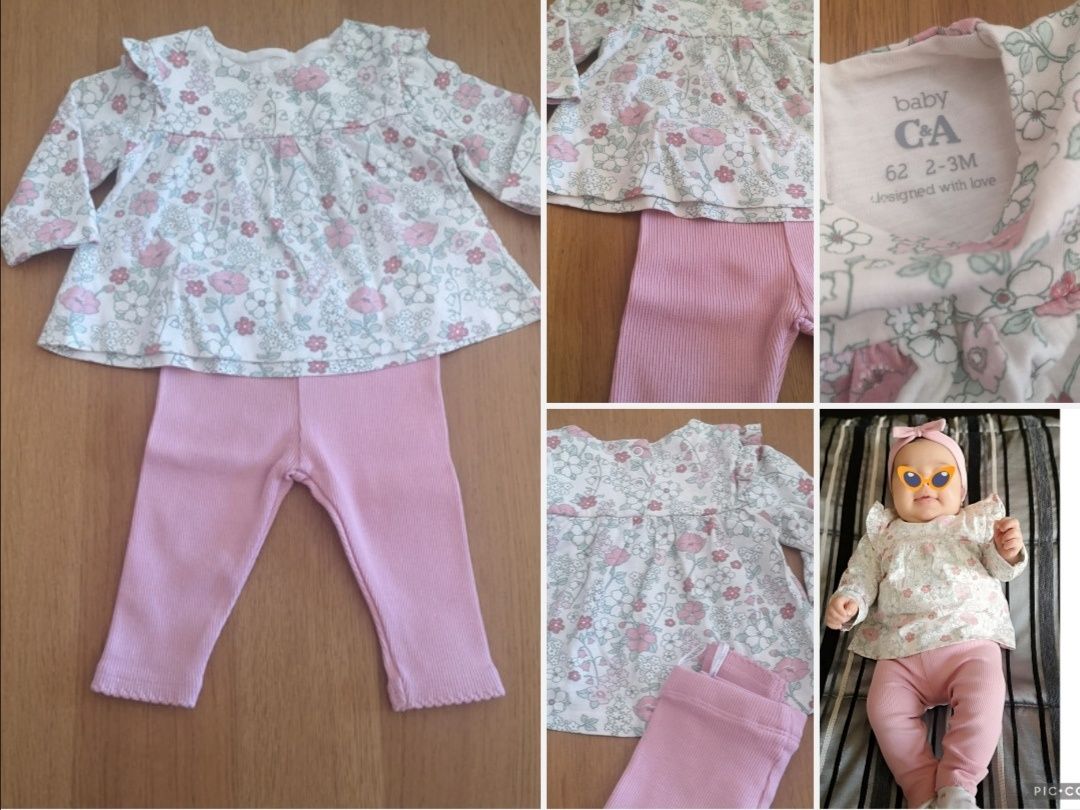 Conjunto de blusa de manga comprida e leggings caneladas 2-3 meses
Con