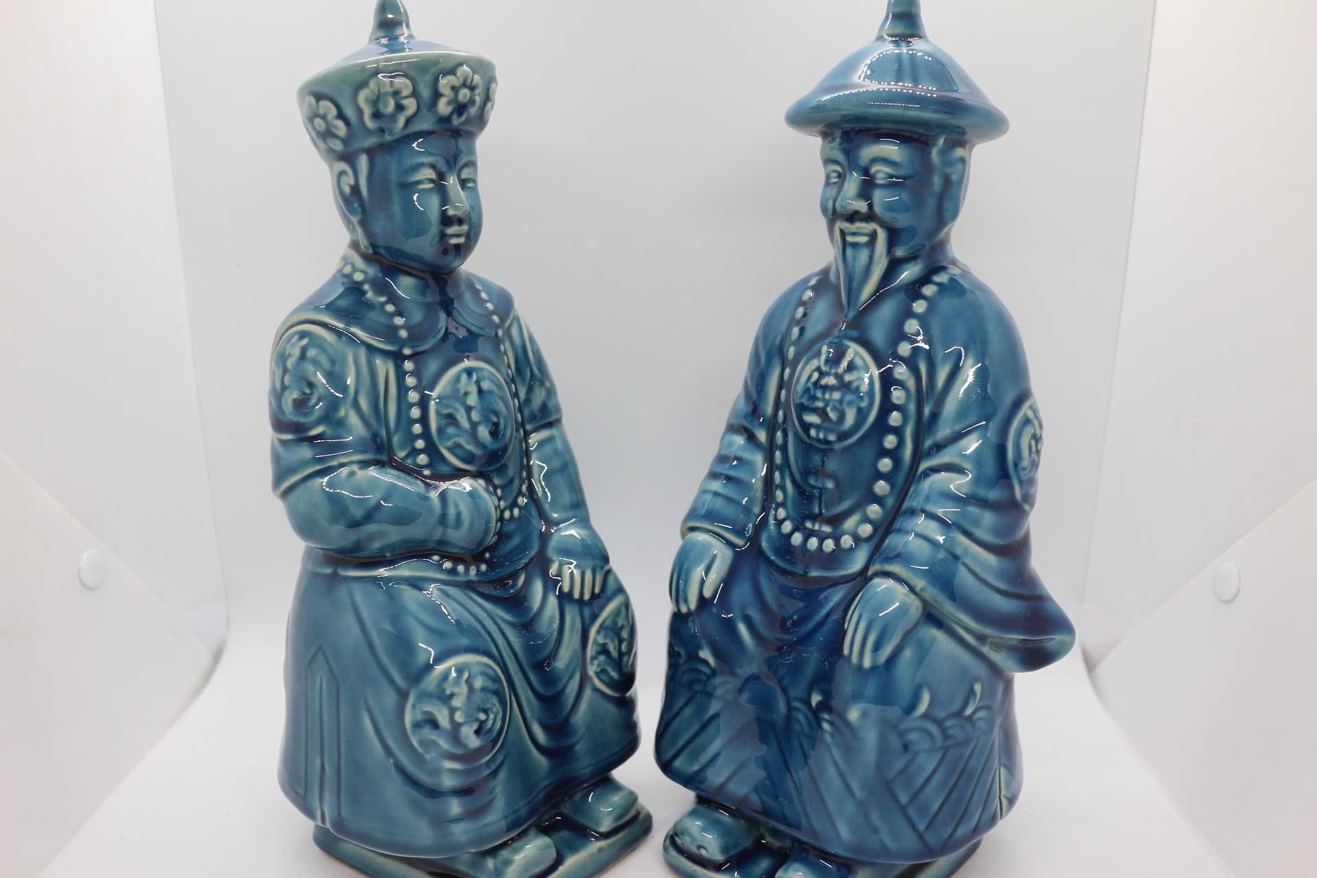 Par de Dignatários Esculturas Porcelana Chinesa Azul XX 30 cm