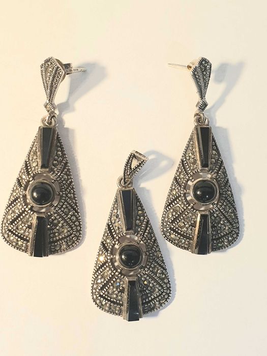 Piękny srebro 925 markazyty onyx zestaw bizuterii angielskiej vintage.