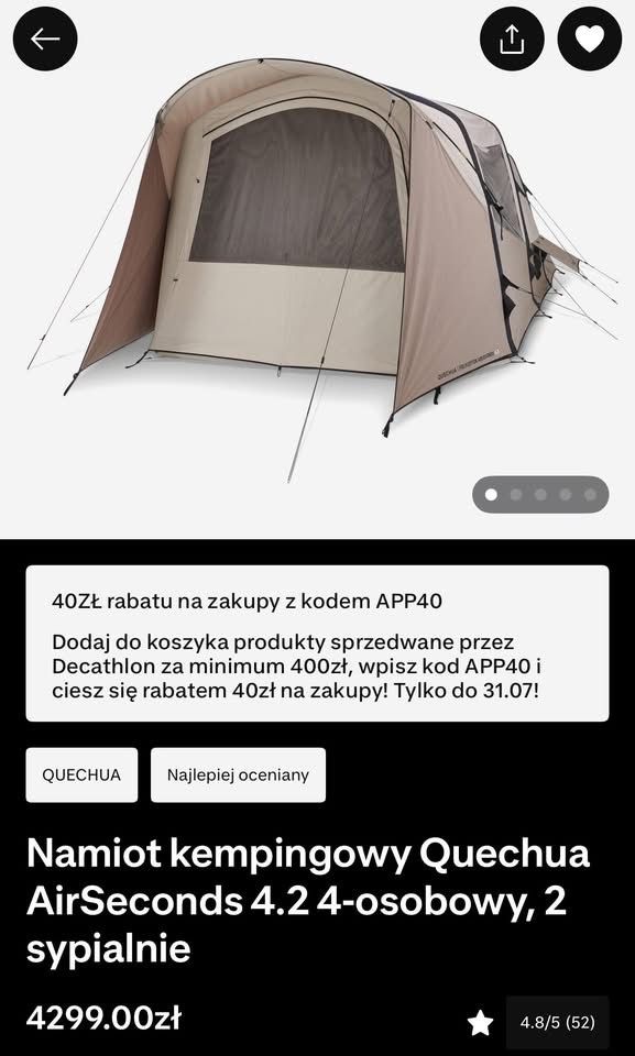 Namiot pompowany Quechua Airseconds 4.2 Polycoyton Polibawełna