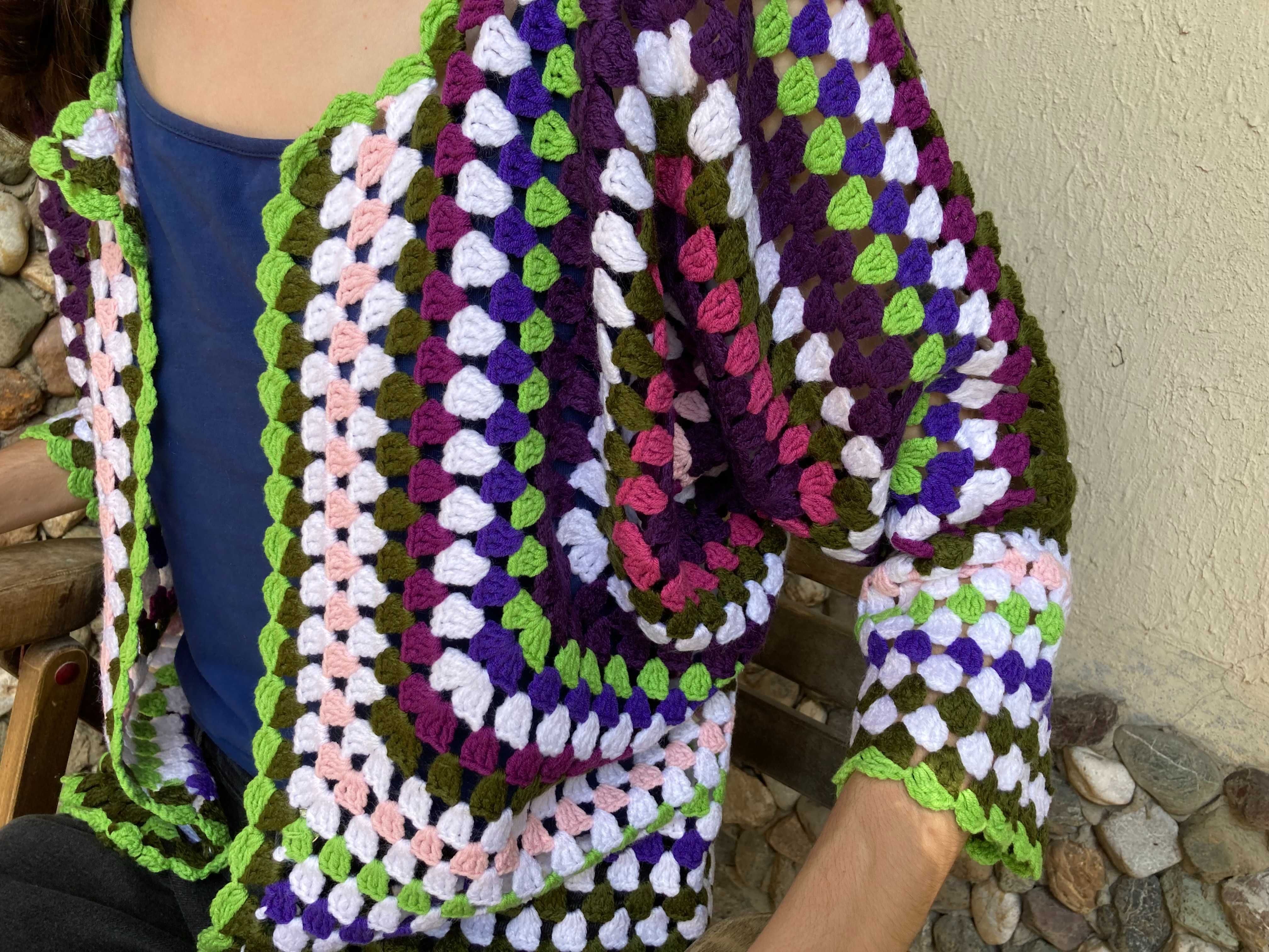 Crochet Cardigan casaco feito a mao / roxo, cor de rosa, verde