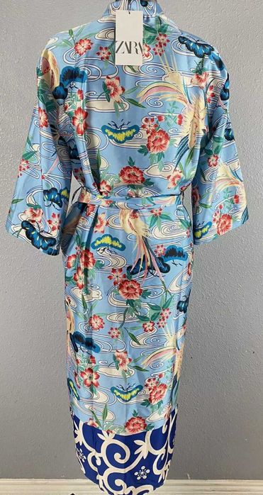 Zara Koszulowa Kimono z ptakami, kwiatami, orientalny pint XL
