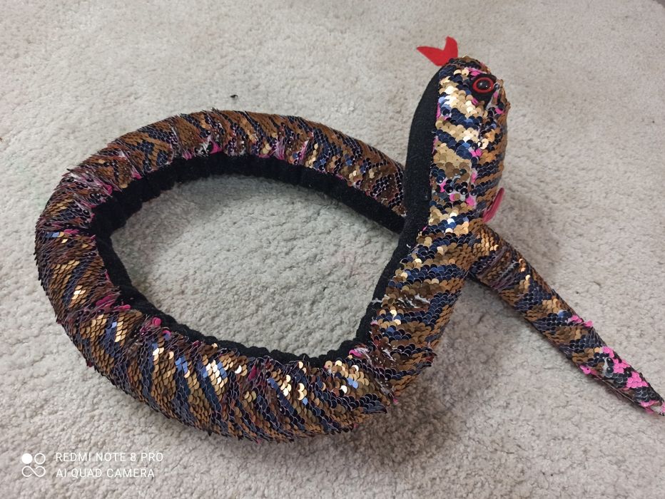 Długi wąż maskotka, dwukolorowy zmieniający kolor, cekiny,