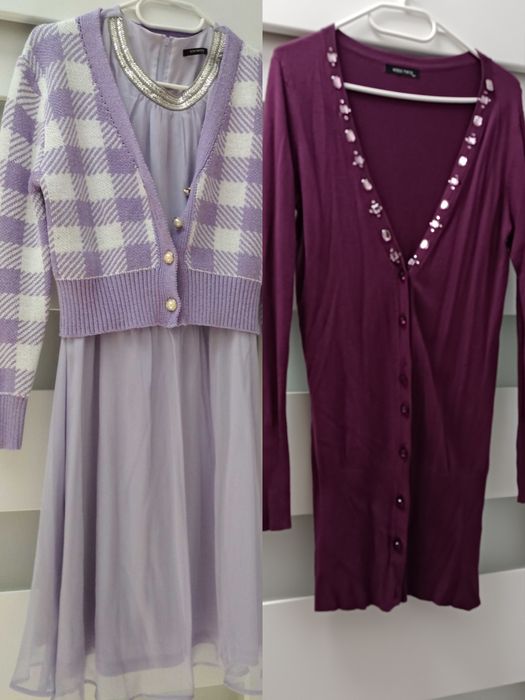 Zestaw 2x Sweterek krótki lawenda + długi bakłażan