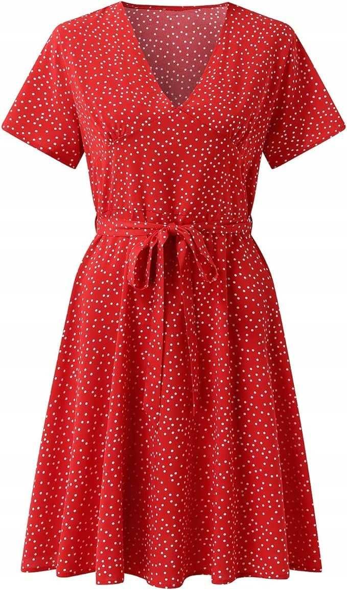 Czerwona sukienka z wiązaniem pasek kropki 3XL 46