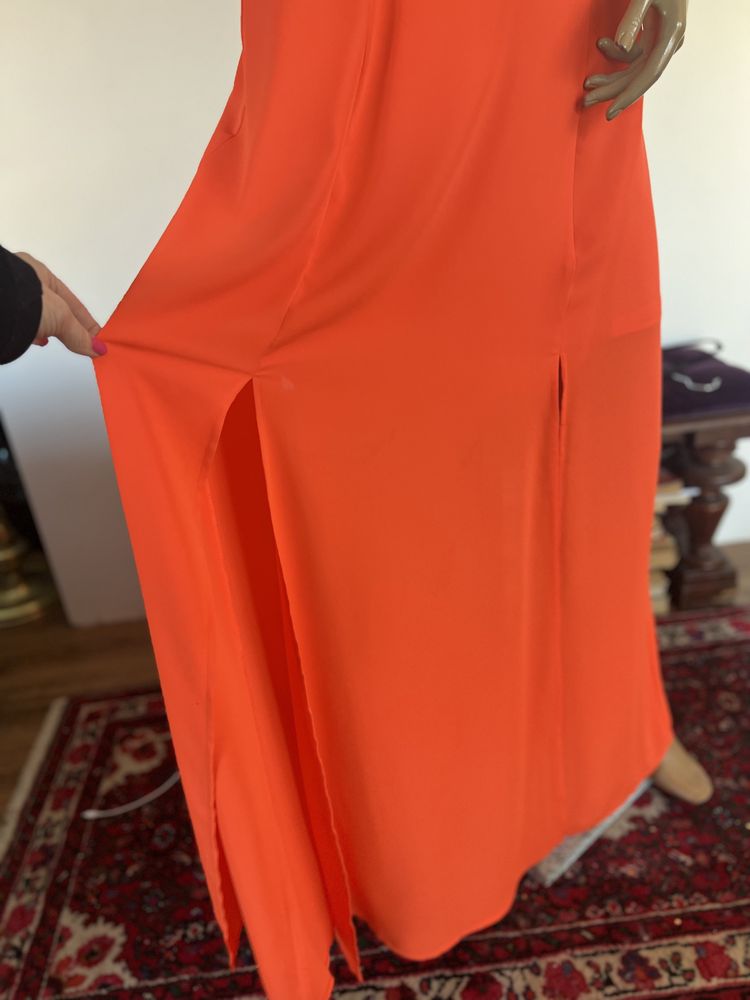 Długa zwiewna elegancka pomarańczowa sukienka Wesele 42 XL