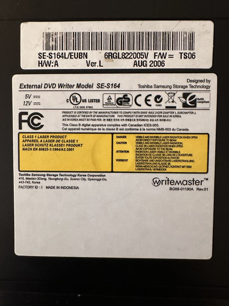 Samsung External DVD Writer Model SE-S164 - Usado como Novo!