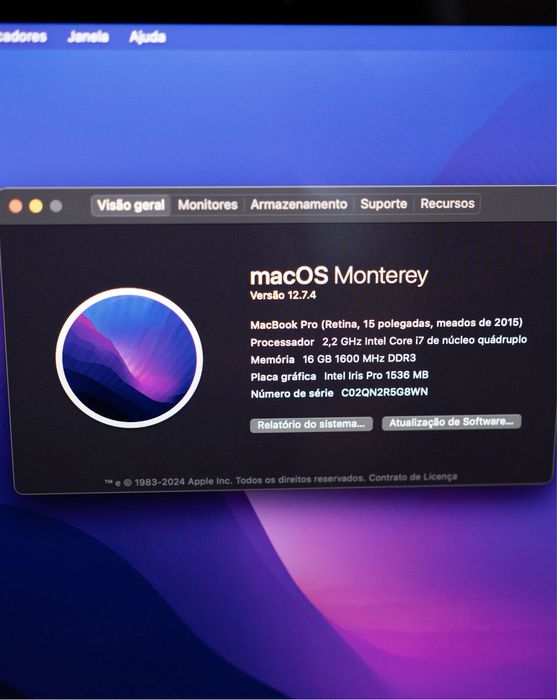 MacBook Pro (Retina, 15 polegadas, mid 2015) i7 2.2Ghz 4-Core 16GB Ram