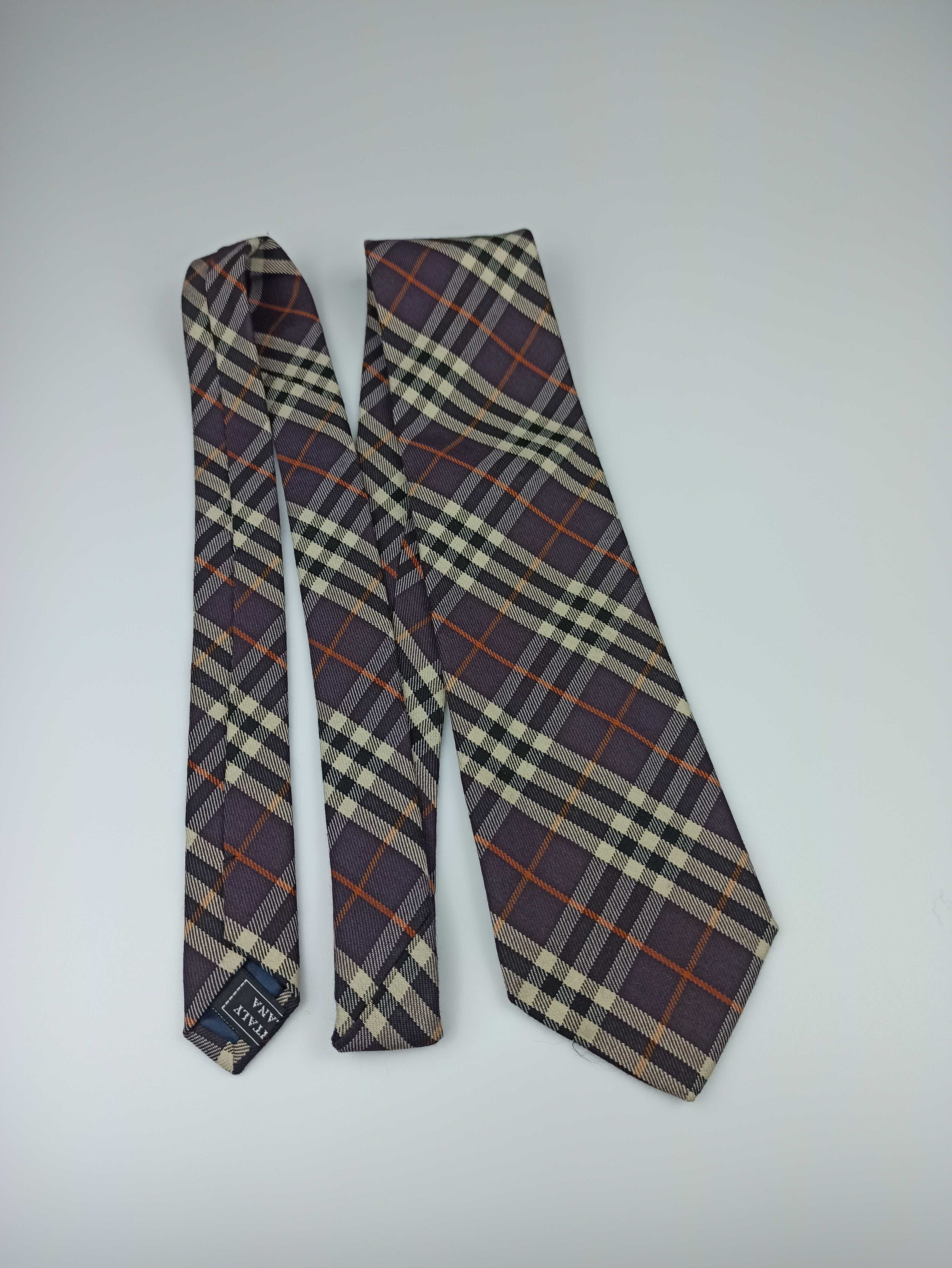 GINALEBOLE fioletowy wełniany krawat w kratkę włoski