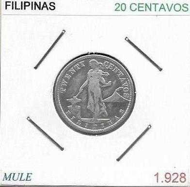 Filipinas  - - - 20 Centavos - 1928  - - - Moeda de Prata (Mule)