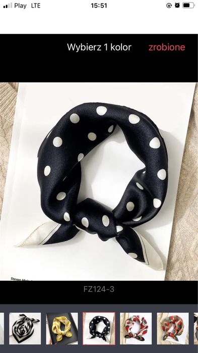 Jedwabny szalik apaszka 53x53cm groszki, biały, czarny prezent