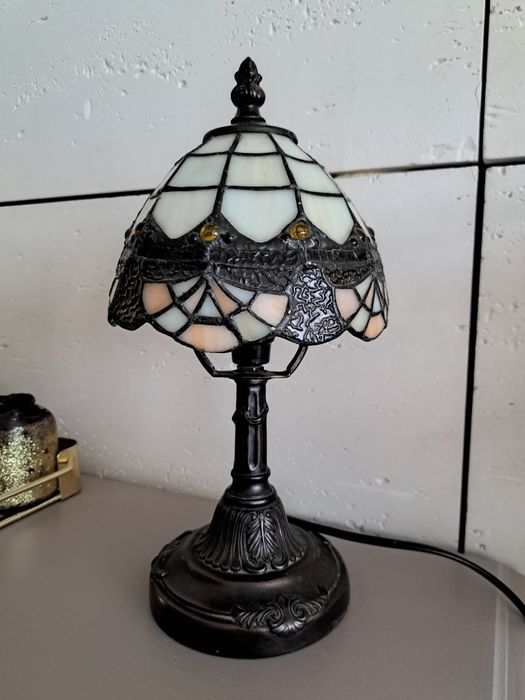 Lampka nocna stolowa Vintage Tiffany Witraz Angielska z brązu