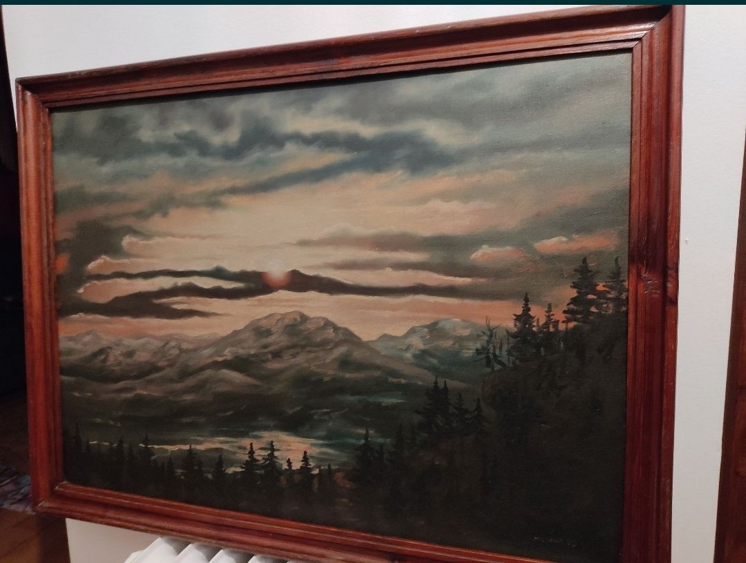 M.Michna"Góry o zachodzie słońca"-wspaniały obraz olejny na płótnie!