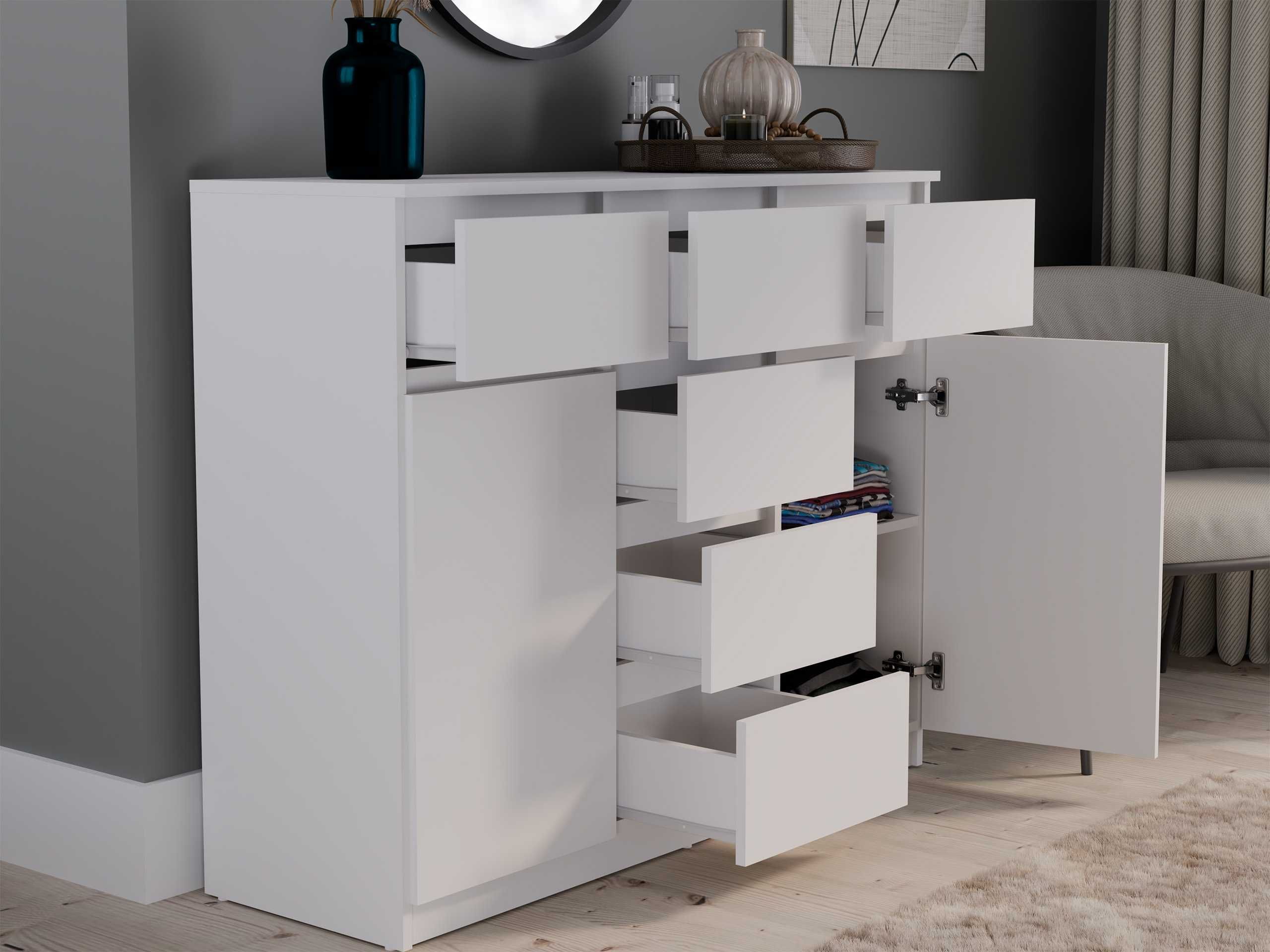 KOMODA 2D6S BIAŁA Szafka 120 cm 6 Szuflad 2 Drzwi Do Salonu