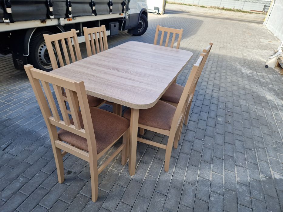 Nowe: Stół 80x140/180 + 6 krzeseł, sonoma + jasny brąz- szczebelki