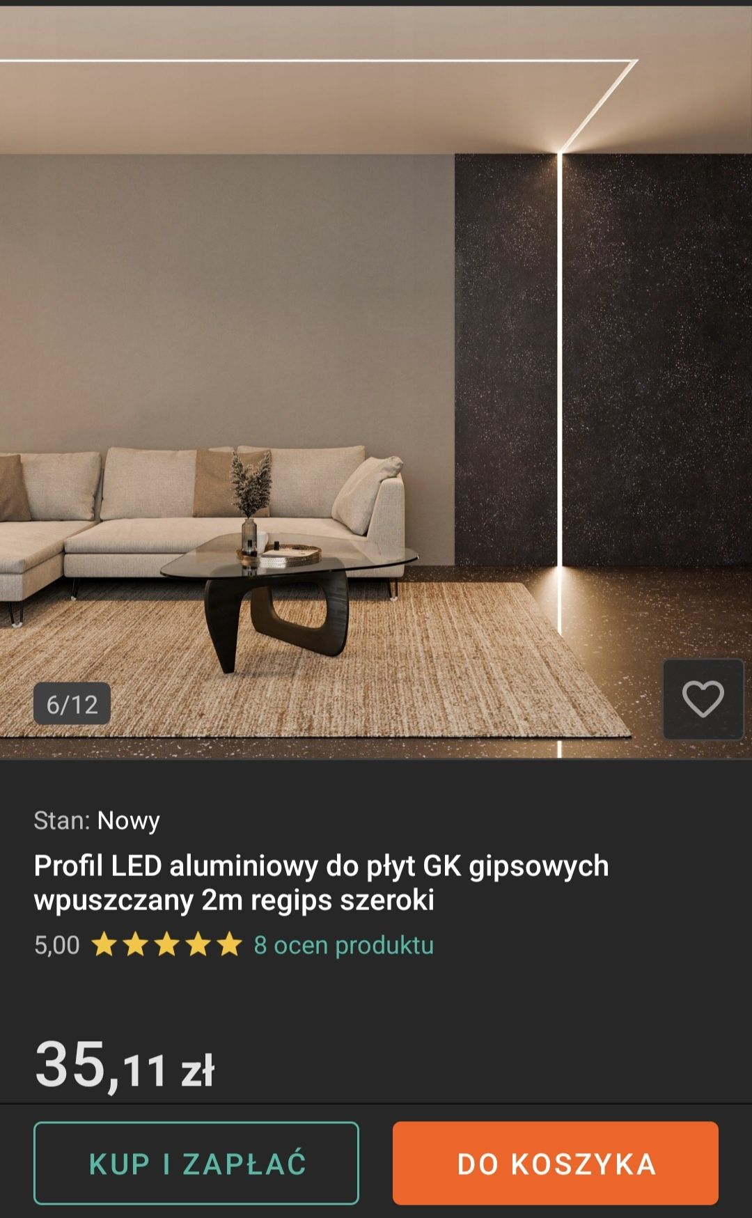 Profil LED aluminiowy do płyt GK gipsowych wpuszczany 2m