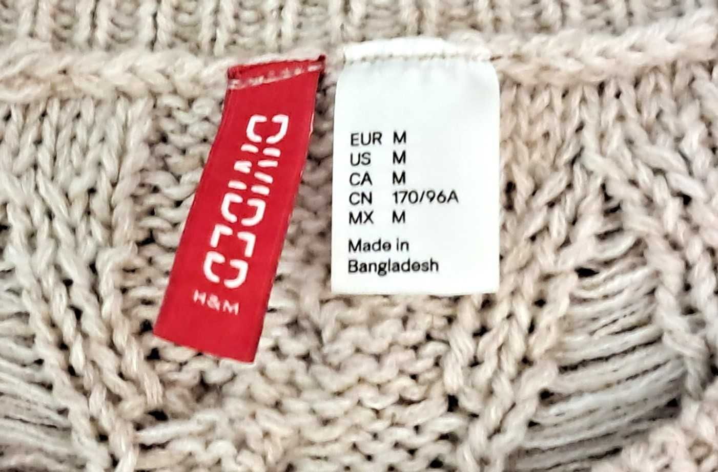 Sweter H&M z wełną M oversize beż ecru warkocze