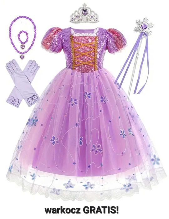 Akcesoria! Roszpunka księżniczka, r. 116/122 przebranie zestaw XXL