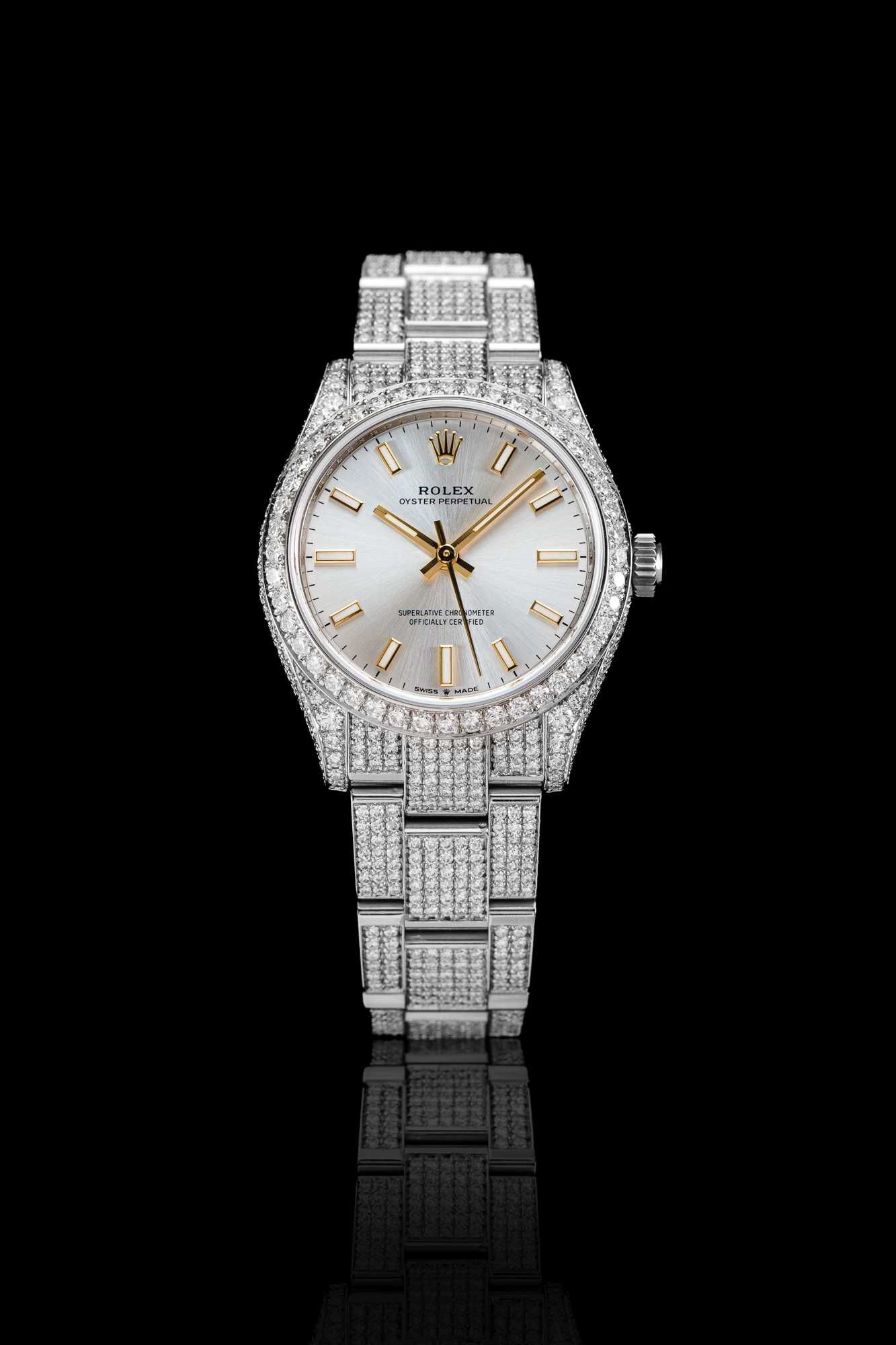 ROLEX z brylantami - Oyster Perpetual 31 o srebrnej tarczy