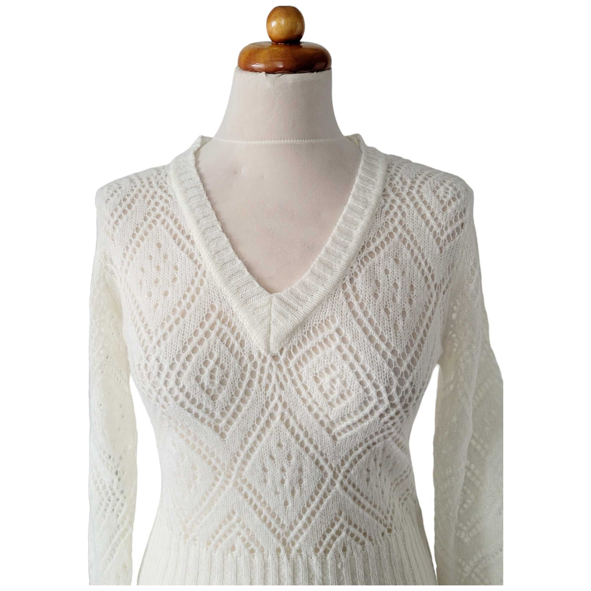 Kremowy ażurowy sweter damski 55% kaszmir romby angelcore bluzka