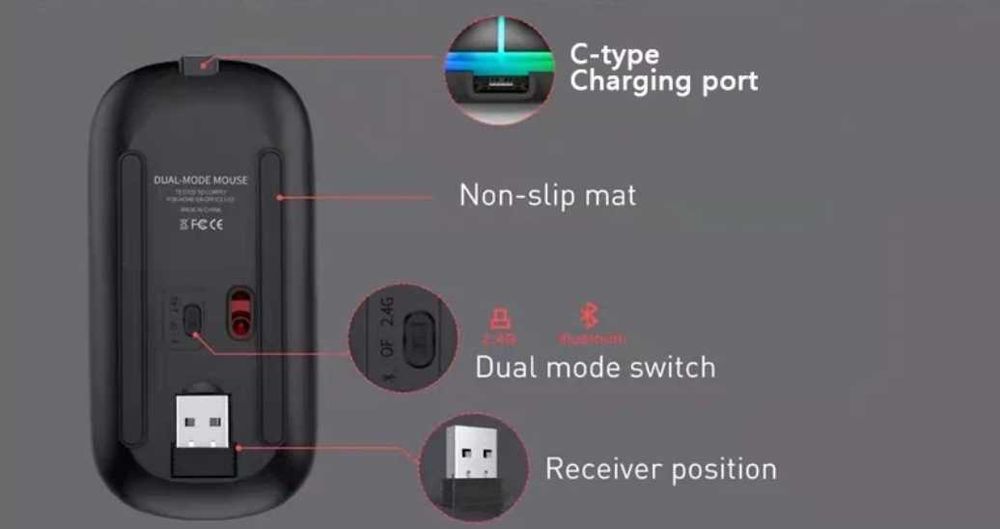 Беспроводная мышь Bluetooth 5.2 + 2.4 Гц с RGB подсветкой Black mat