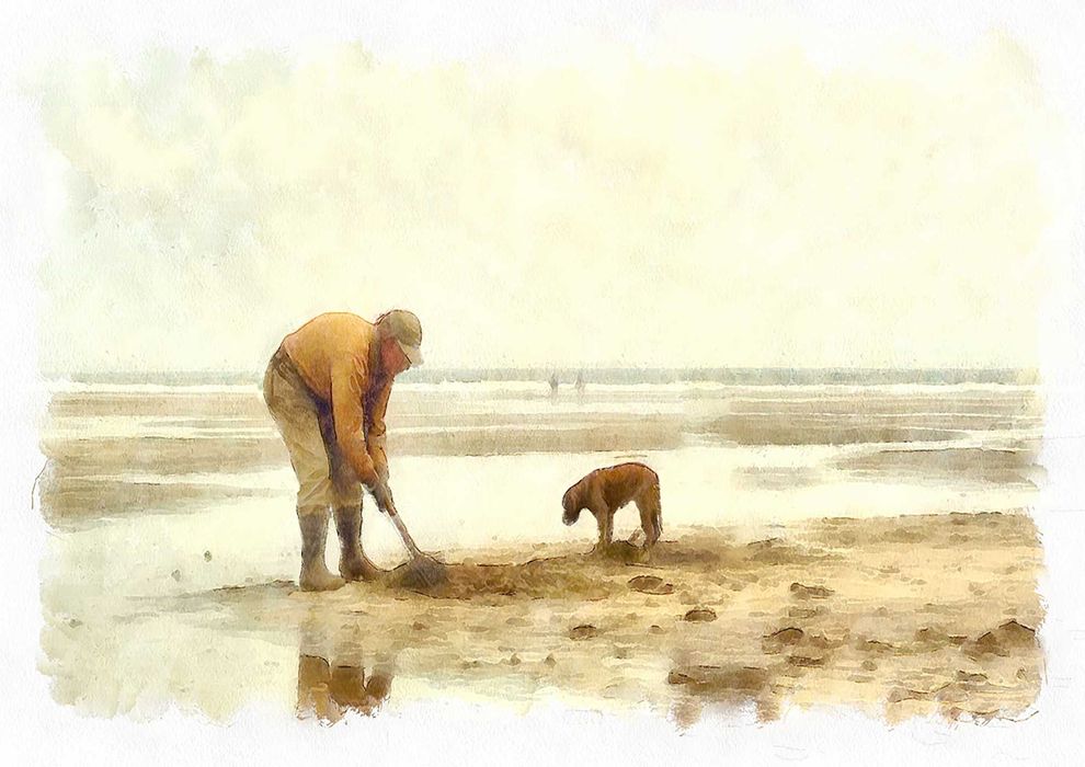 Obra de arte original em aguarela "O Pescador de Iscas em Tróia"