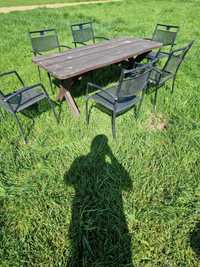 Zestaw ogrodowy drewniany stół i krzesła 6 sztuk metalowe