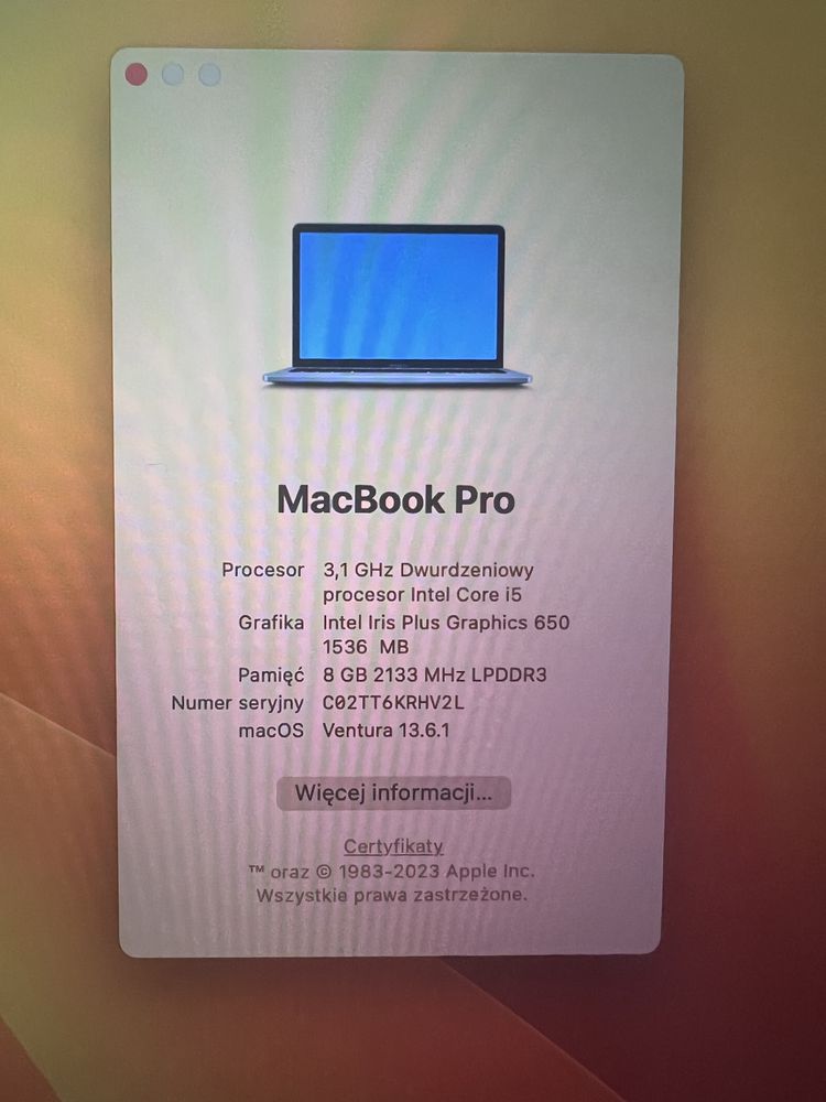 Macbook Pro 13 touchbar space gray 256ssd a1706 Ventura
