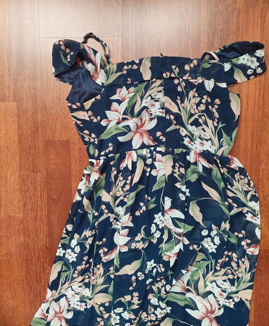 Granatowa sukienka z rozcieciem w kwiaty r.40 ISKA