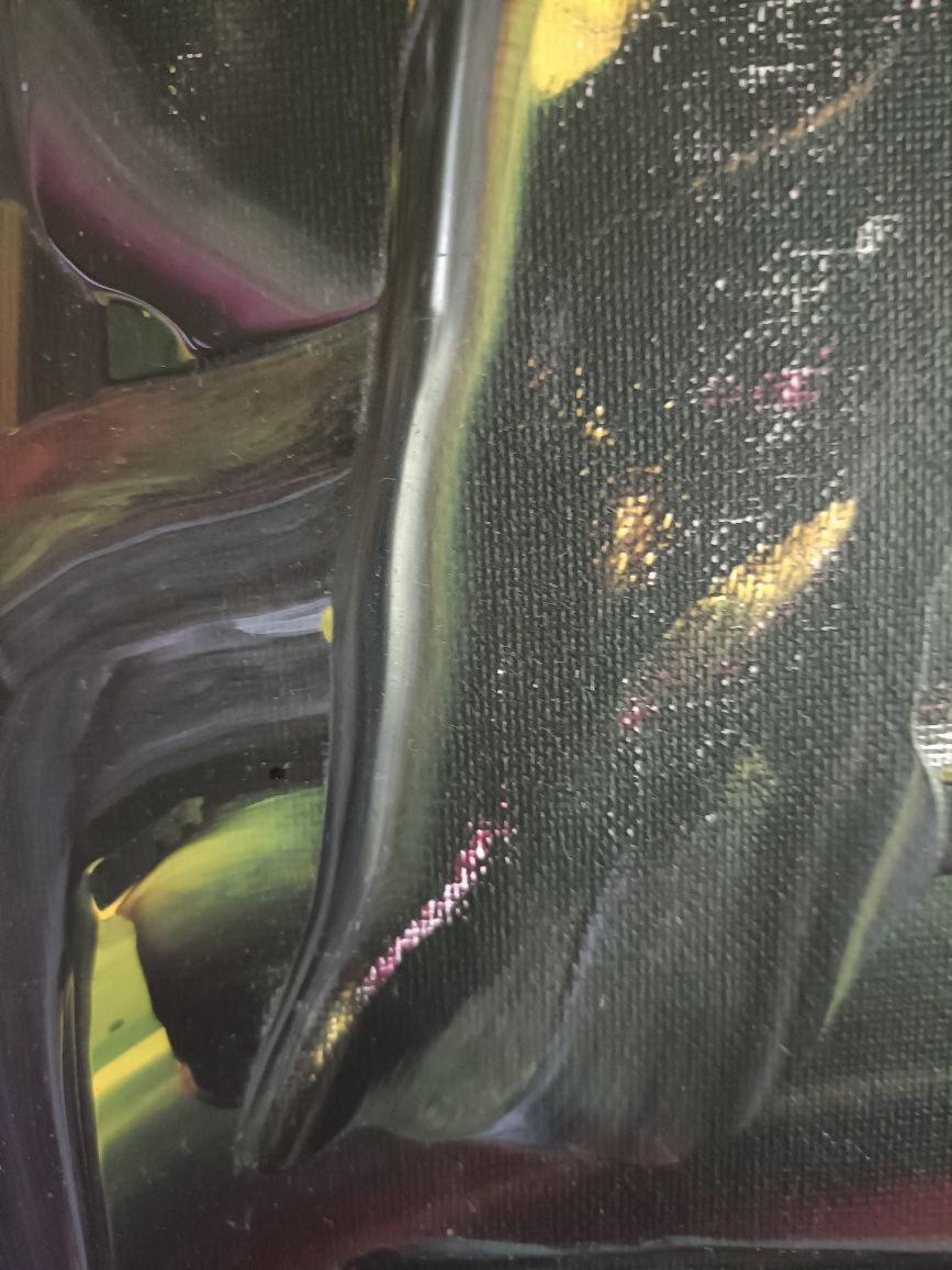 Akrylowa abstrakcja w kolorach czerni żółtego i różu 30x30 z ramką