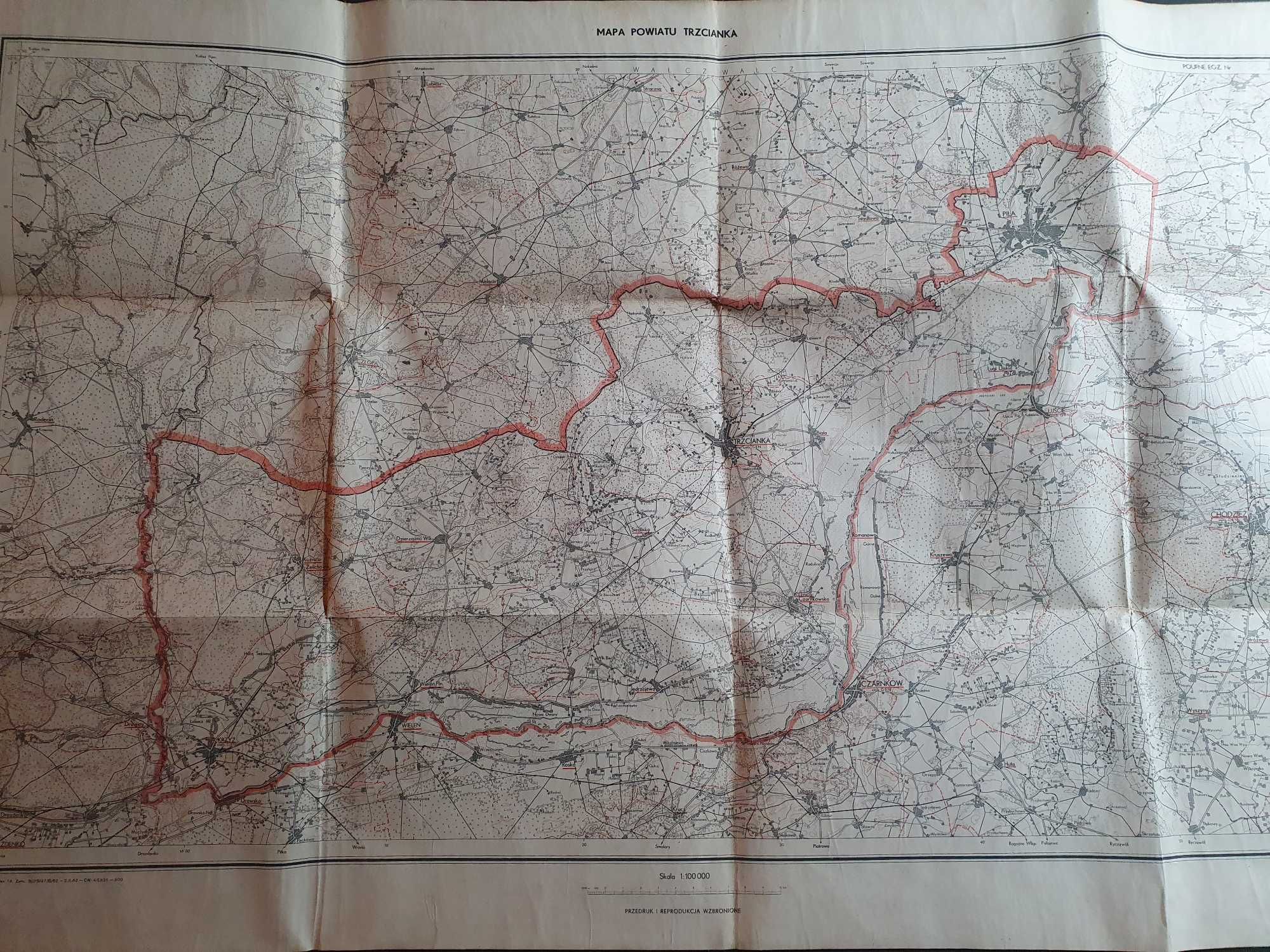 Mapy powiatowe 1960r na płótnie  Trzcianka Chodzież Czarnków 57 x 92