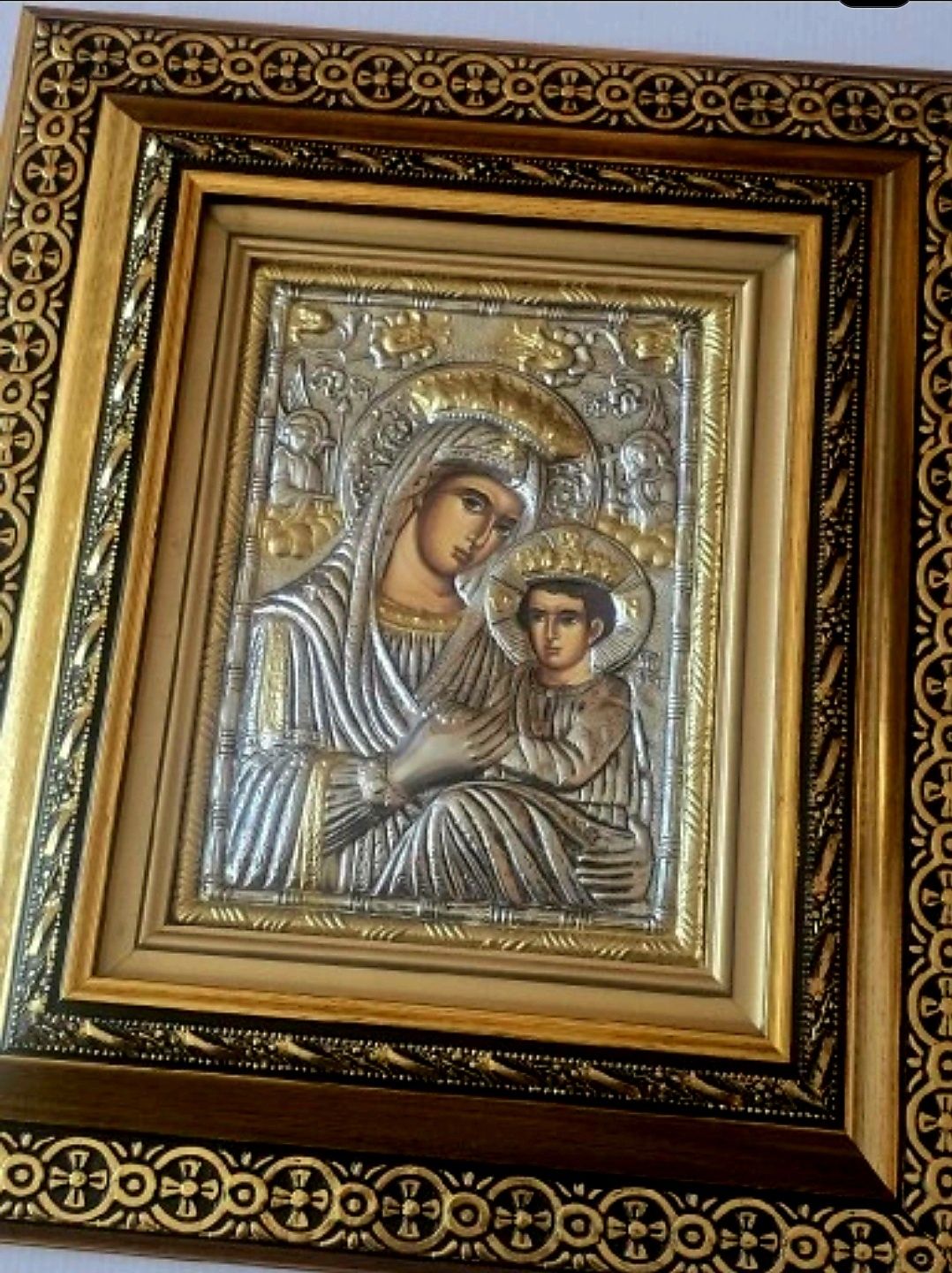 Ikona w kiocie GRECKA na desce Matka Boska z Dzieciątkiem Jezus.