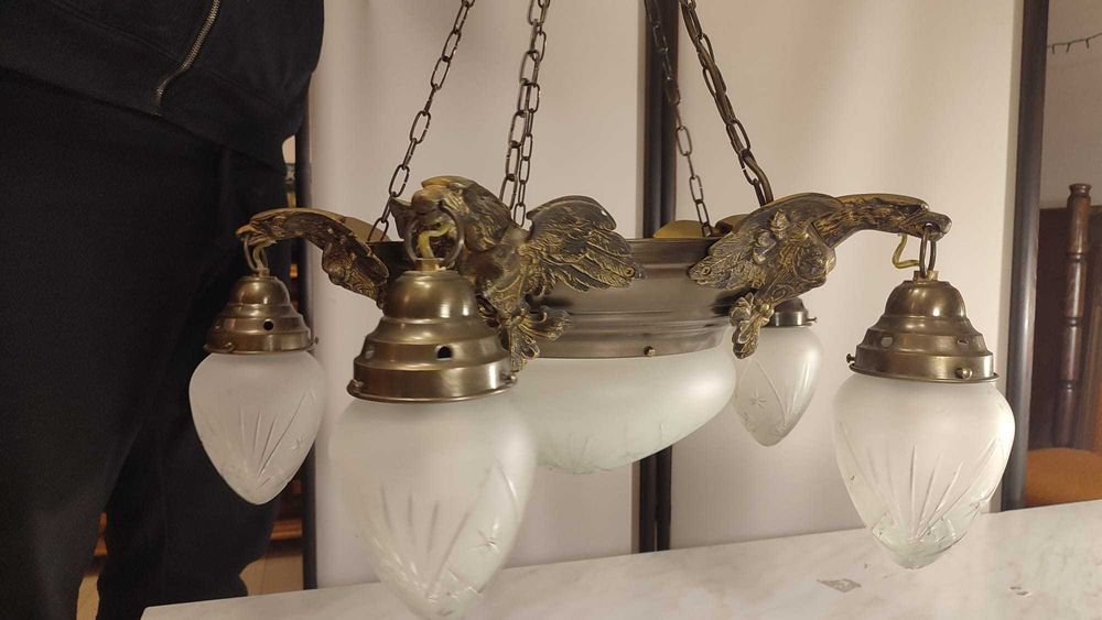 Żyrandol mosiężny z orłami kryształowe klosze KEMAR Ouro OW50