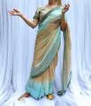 Piękne zdobione sari beż turkus saree Bollywood suknia sukienka szyfon