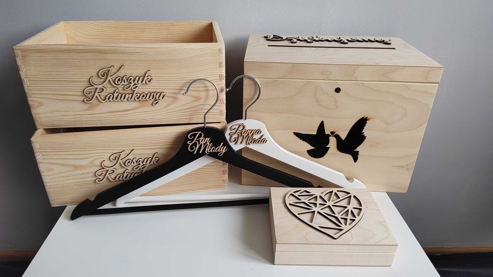 nowy zestaw pudełko na obrączki koperty wieszaki koszyki ślub wesele