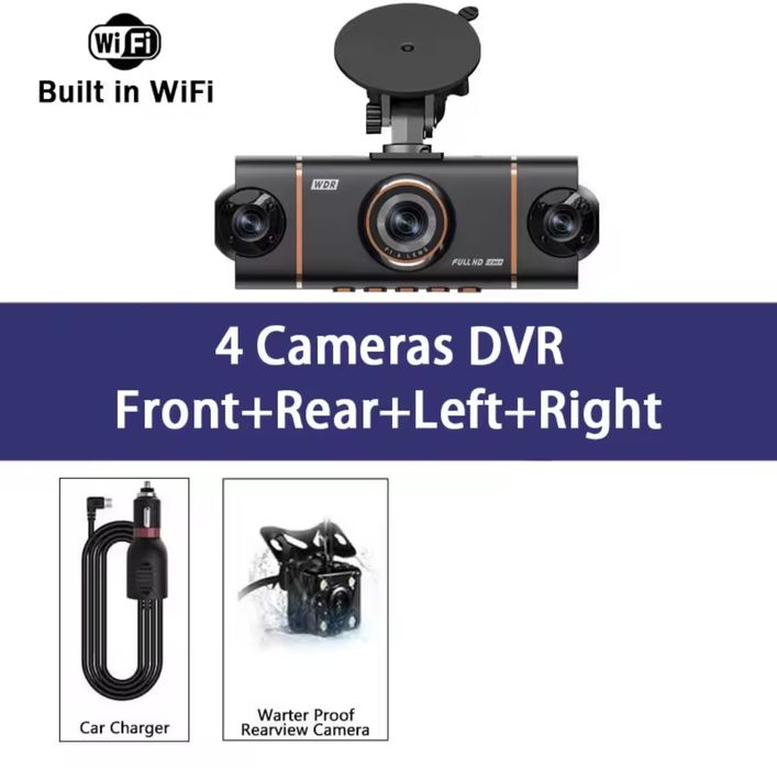 Dash Cam de 4 canais com gravação HD (1080p) campo de visão de 360 °