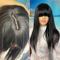 Натуральный парик имитация кожи шёлк славянский волос с чёлкой