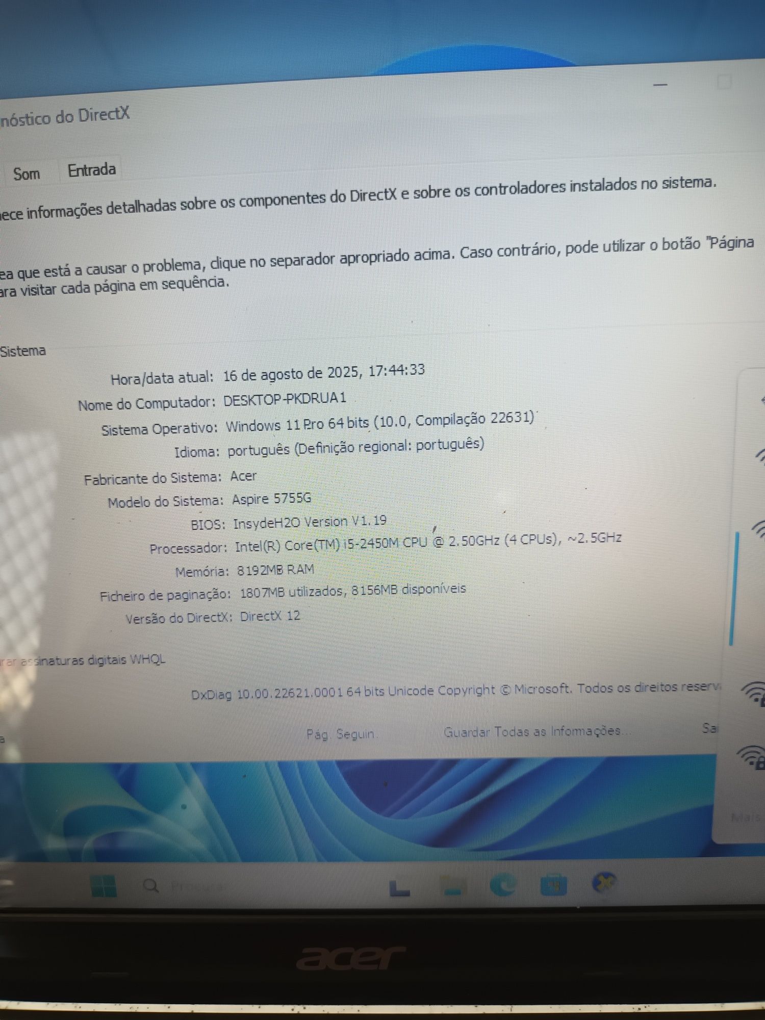 Portatil Acer aspire 5755G i5 2460M 8GB 246GB SSD WIN 11