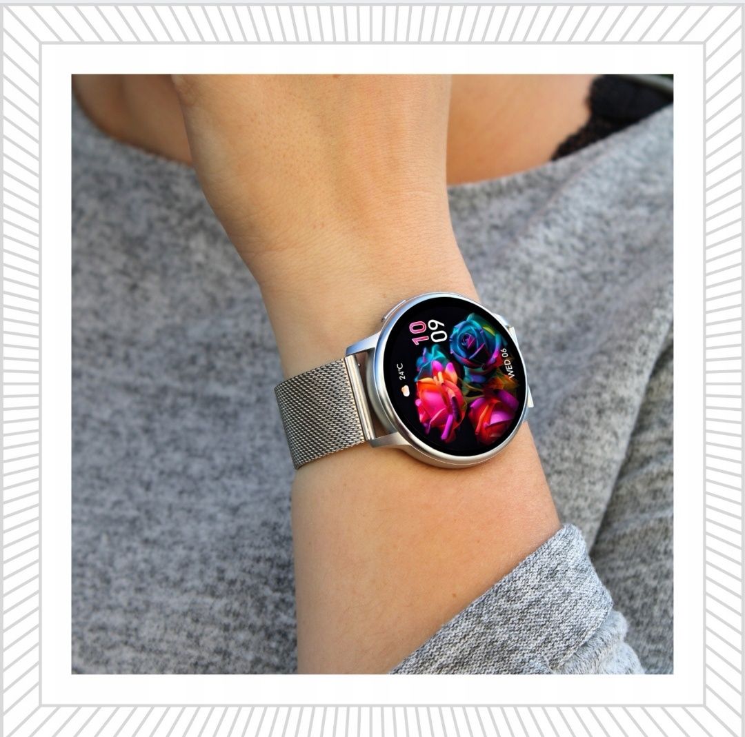 Damski SMARTWATCH Zegarek Funkcja Rozmowy Srebrny Okrągły Polskie Menu