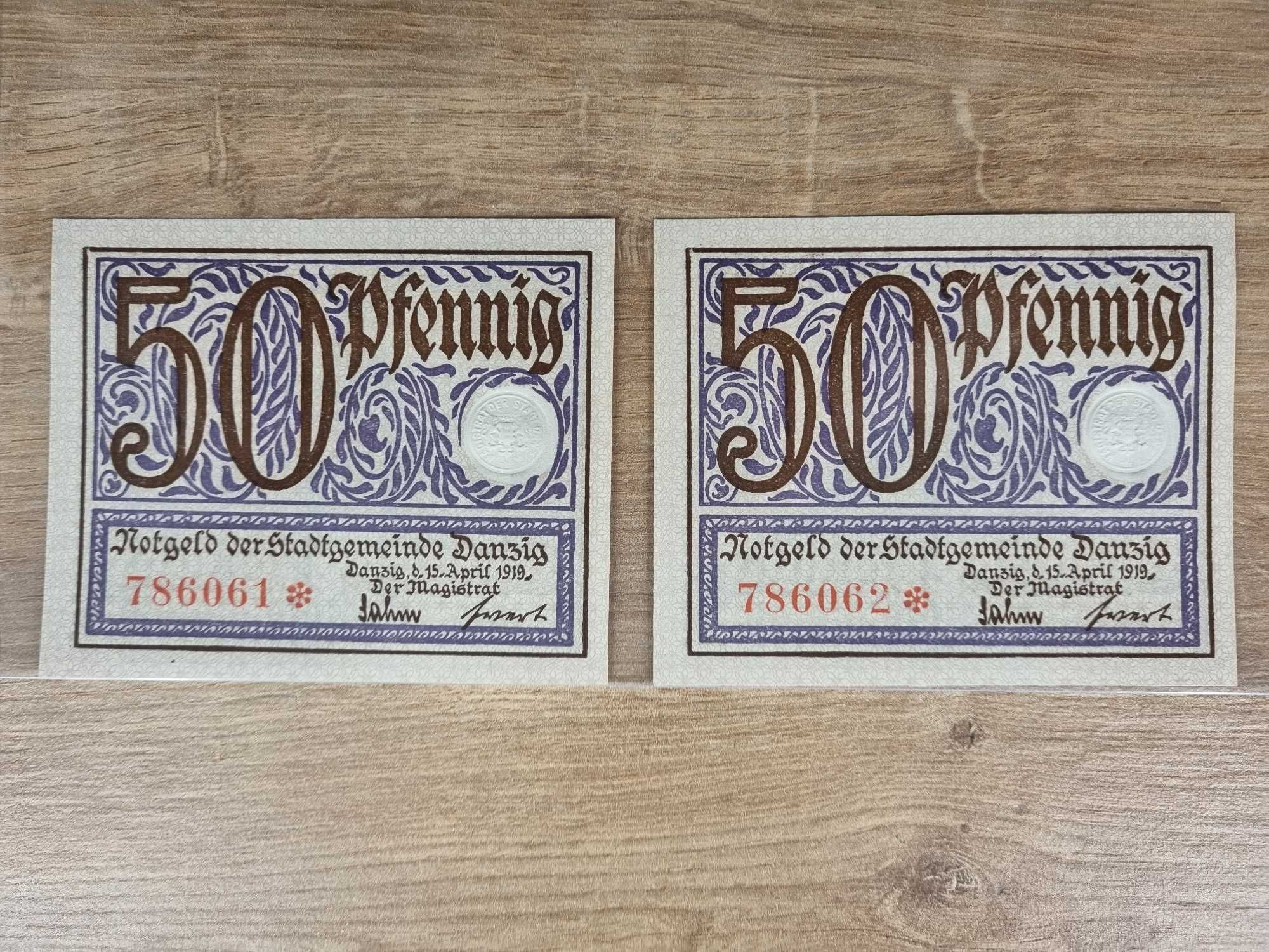 50 Pfennig 1919 WMG 2 sztuki numer po numerze UNC Wolne Miasto Gdańsk