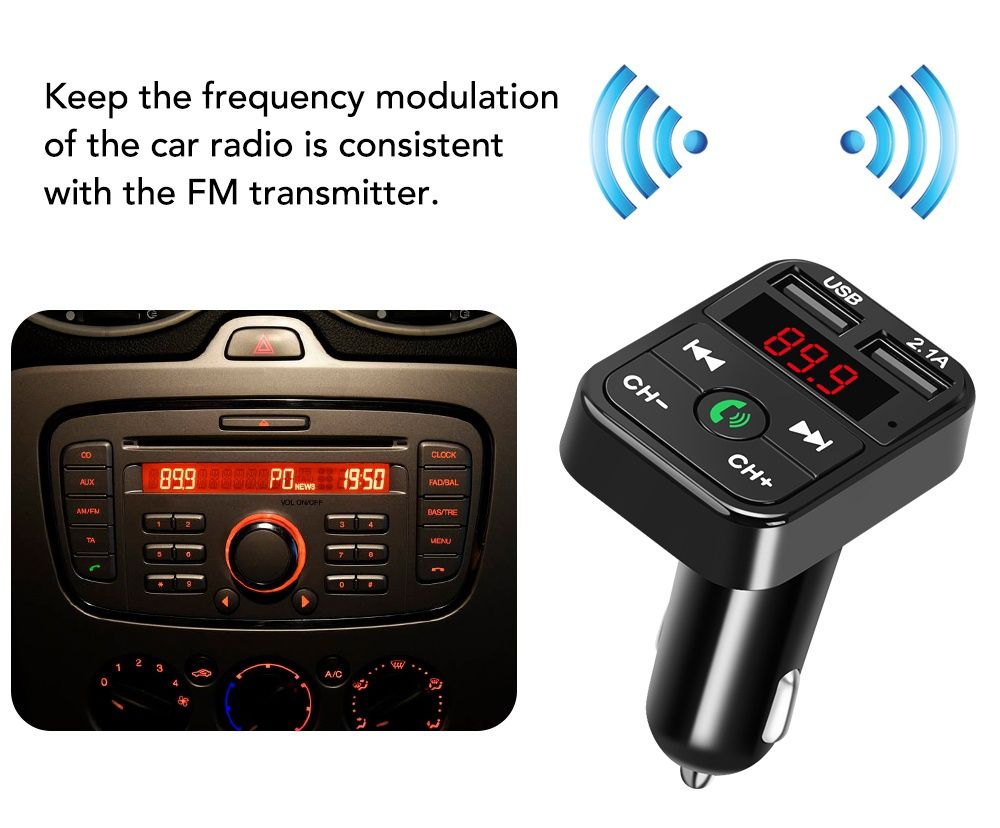 Transmissor FM com bluetooth 5.0 Receptor MP3 Dual USB Fast Charger