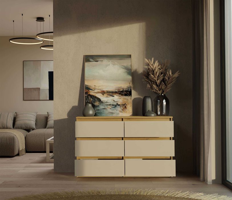 Duża Komoda M6 120 MALWA 120 cm 6 szuflad Kolor: DĄB ARTISAN / KASZMIR