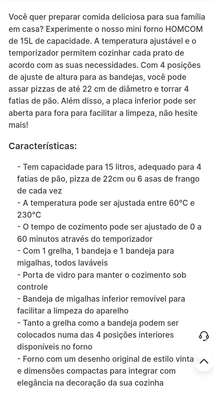 Homcom mini forno elétrico 15L 1000w com temperatura  até 230°C