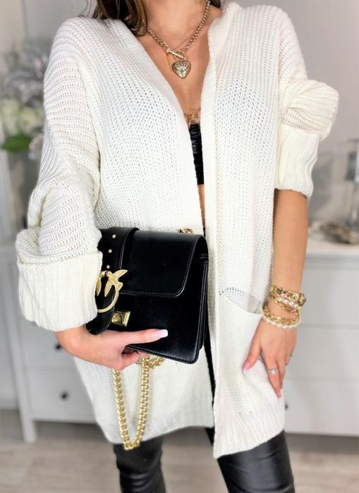 kardigan damski ecri narzutka z kieszonkami poeme