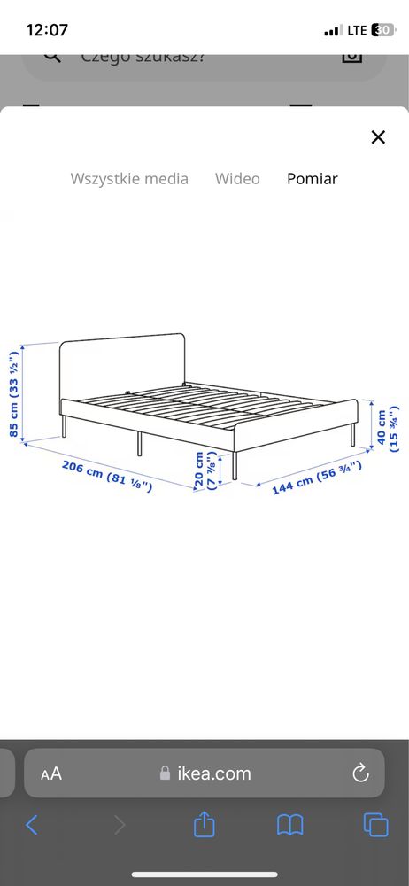 Łóżko 140x200 Ikea SLATTUM szare