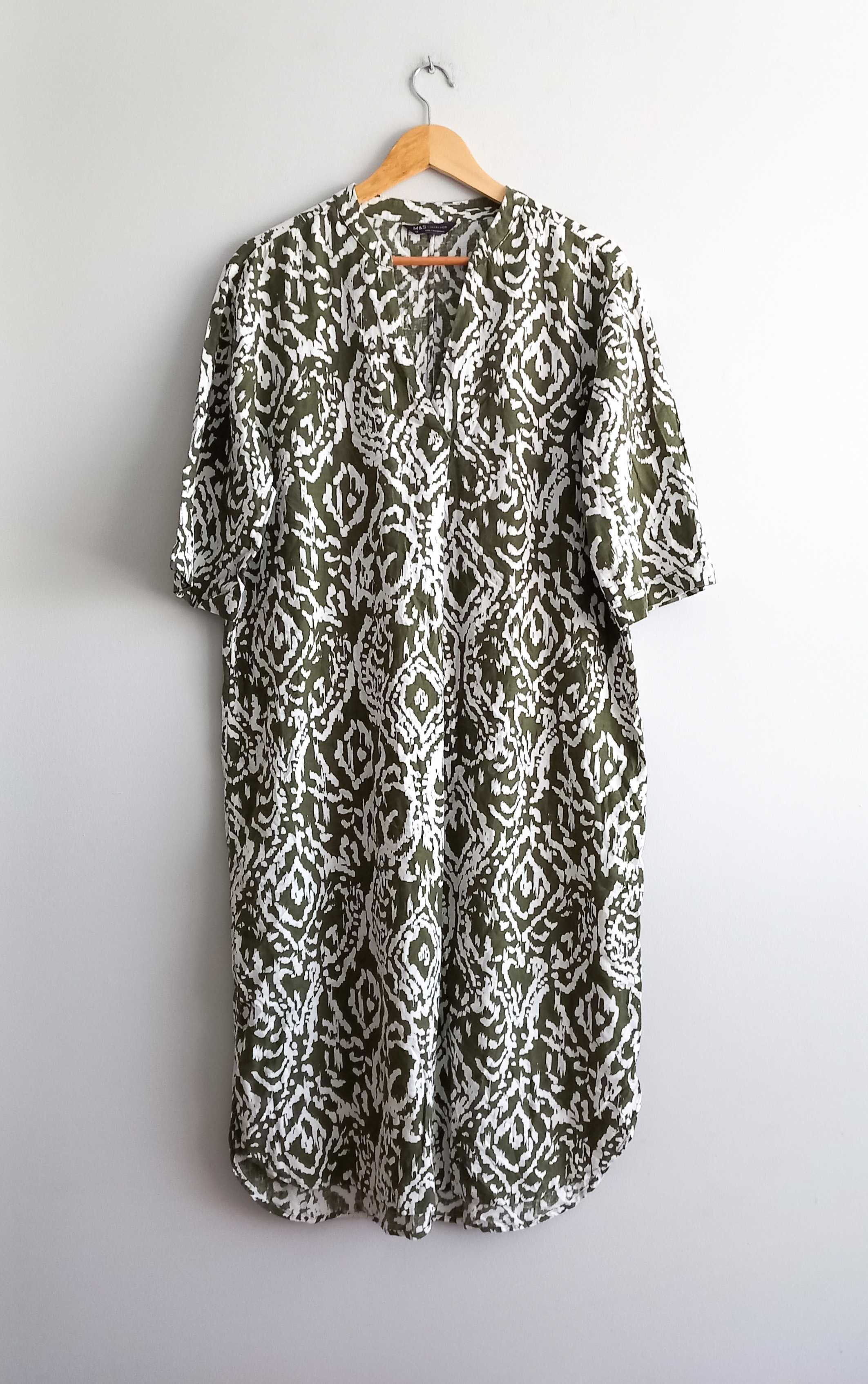 Długa letnia midi lniana z lnem sukienka tunika ornamenty