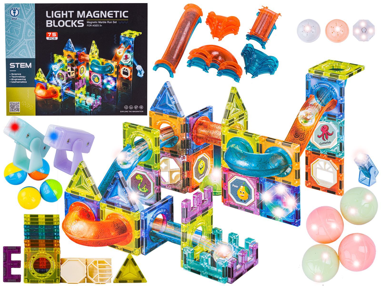 Świecące Klocki Magnetyczne, Tor Kulkowy Dla Kulek 75 Elementów