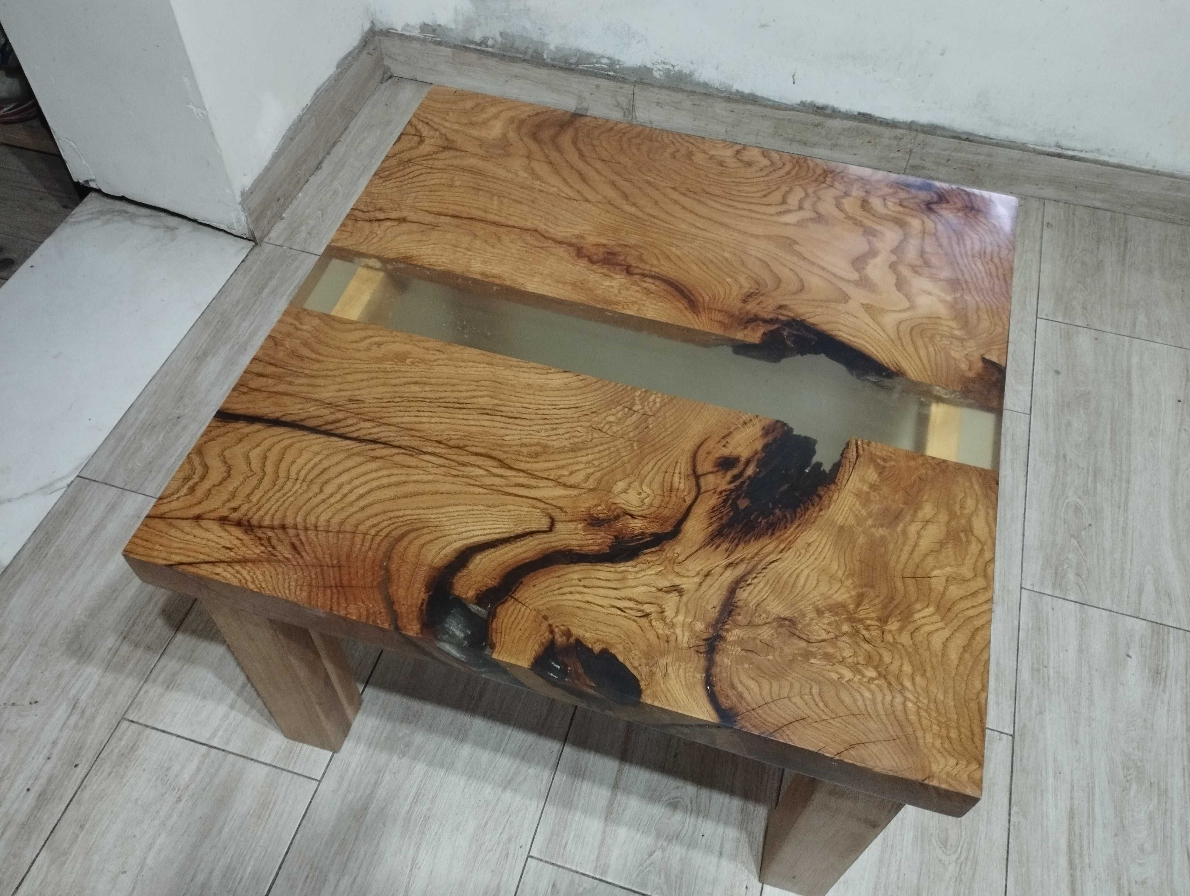 Stół Stolik Kawowy Dębowy Naturalny Dąb ława 80x80 x50 Żywica Drewno