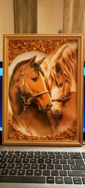 Obraz konie ozdobiony bursztynem