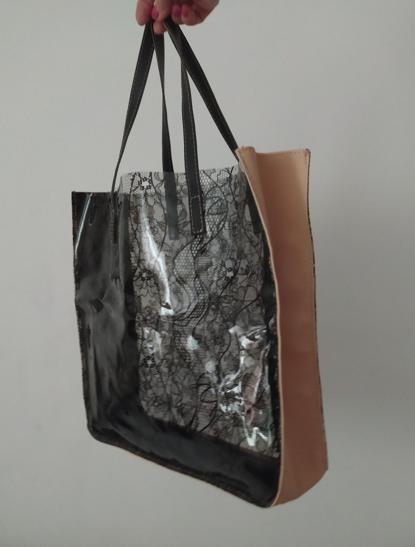 Torebka shopper, czarna koronka